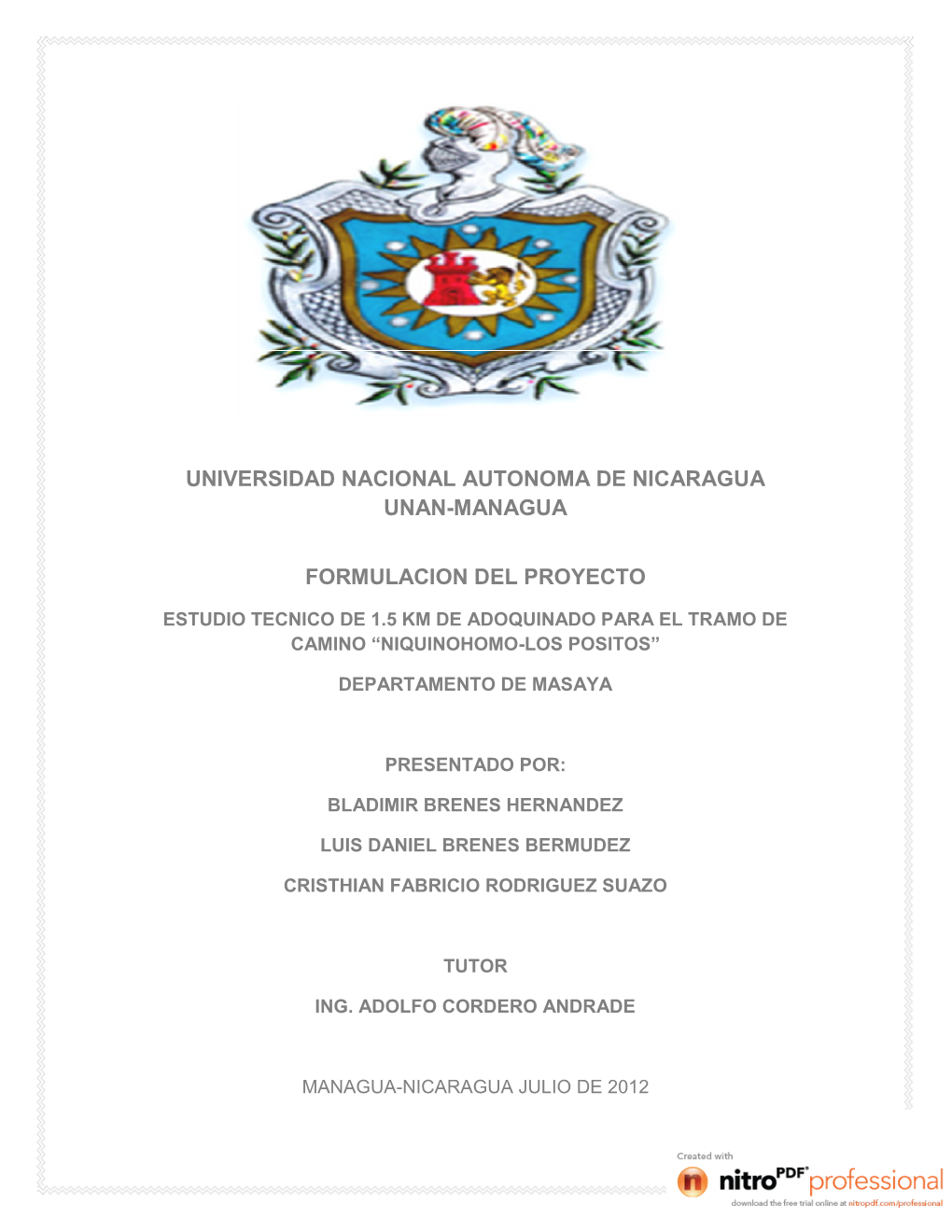 Universidad Nacional Autonoma De Nicaragua Unan-Managua Formulacion Del Proyecto