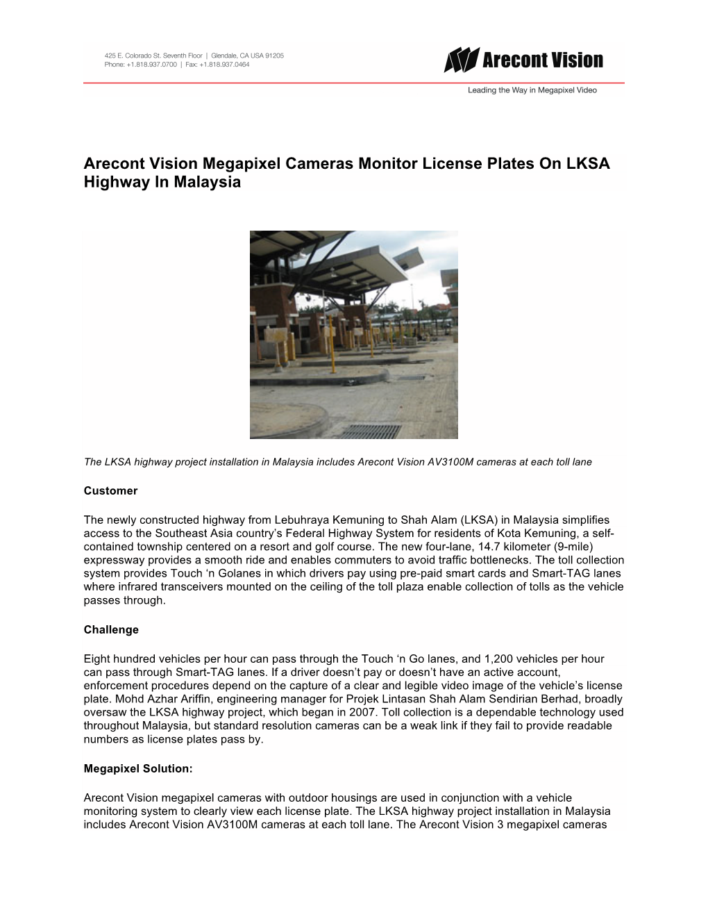 Arecont Vision Megapixel Cameras Monitor License Plates on LKSA Highway in Malaysia