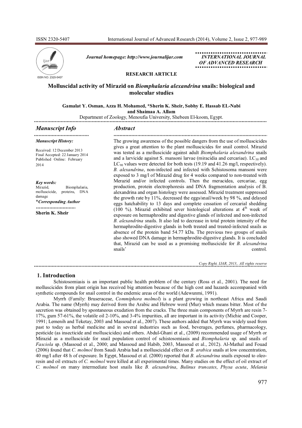 Biomphalaria Alexandrina Snails: Biological and Molecular Studies
