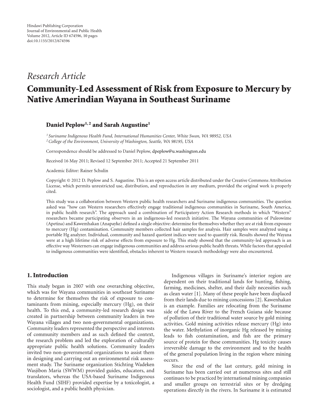Community-Led Assessment of Risk from Exposure to Mercury by Native Amerindian Wayana in Southeast Suriname