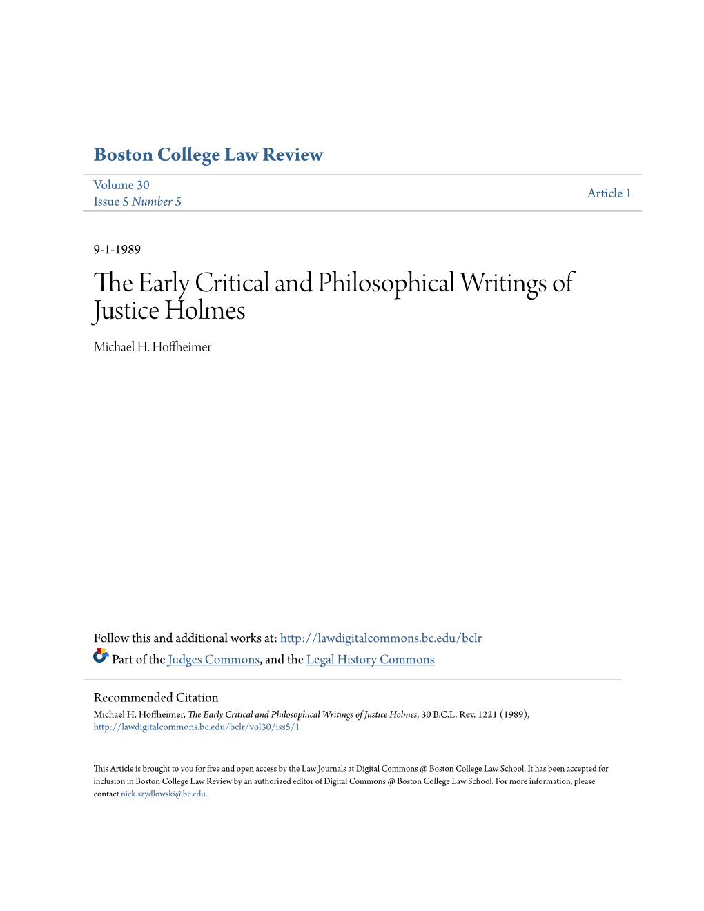 The Early Critical and Philosophical Writings of Justice Holmes, 30 B.C.L