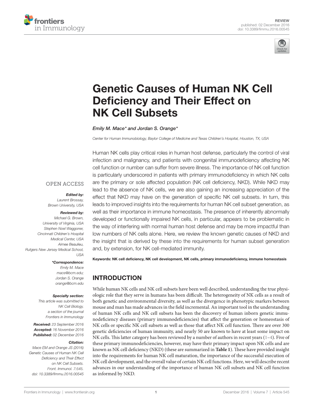 Genetic Causes of Human NK Cell Deficiency and Their Effect on NK Cell Subsets