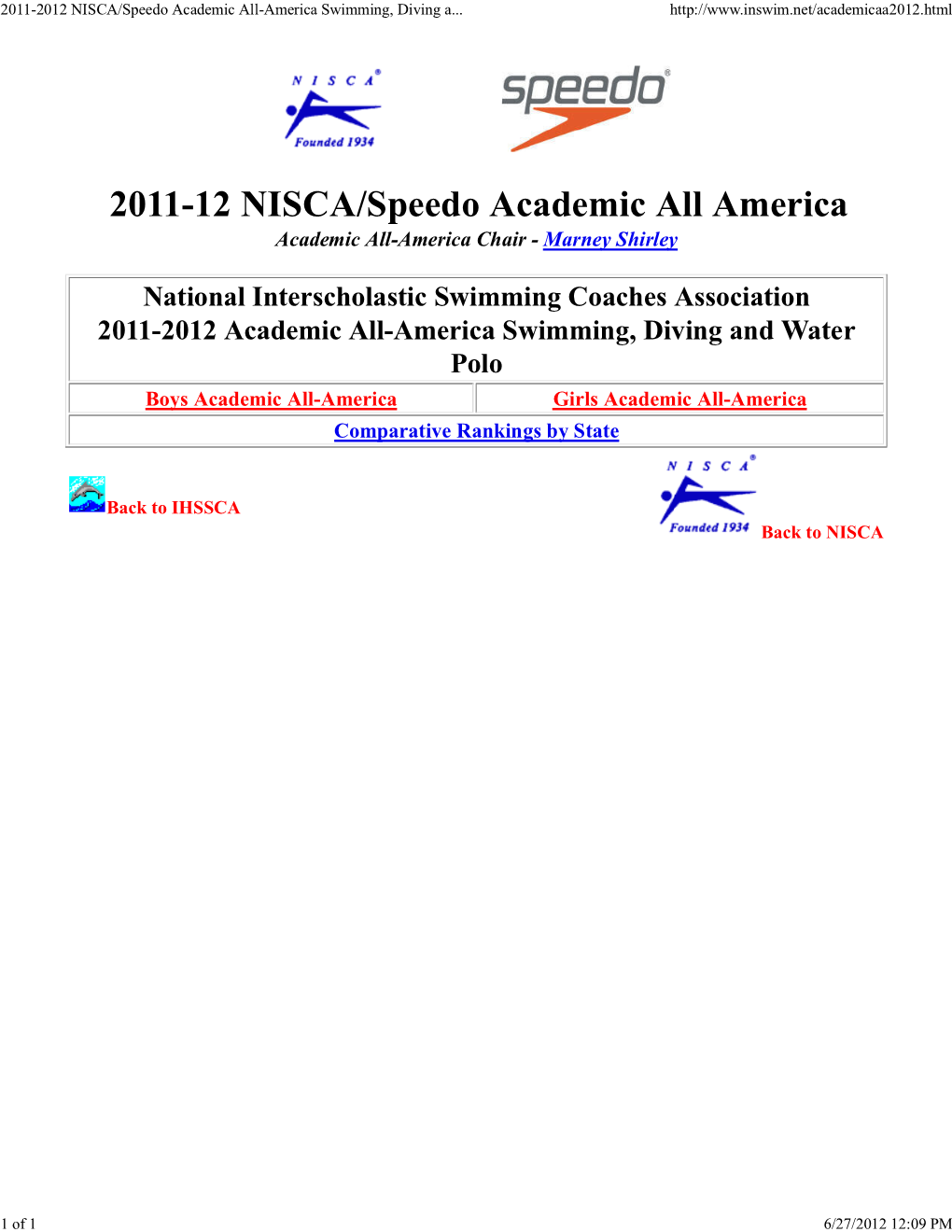 2011-2012 NISCA/Speedo Academic All-America Swimming, Diving And