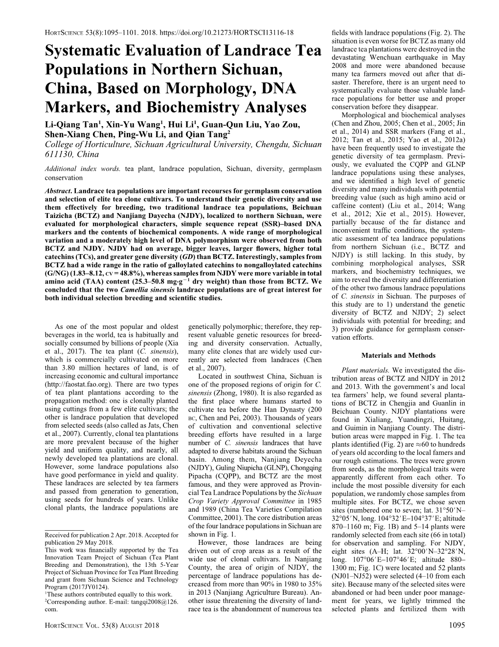 Systematic Evaluation of Landrace Tea Populations in Northern Sichuan, China, Based on Morphology, DNA Markers, and Biochemistry