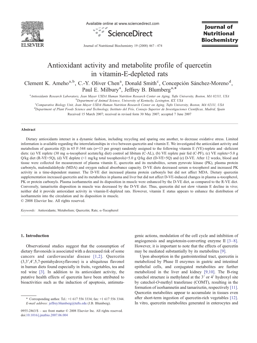 Antioxidant Activity and Metabolite Profile of Quercetin in Vitamin-E-Depleted Rats Clement K