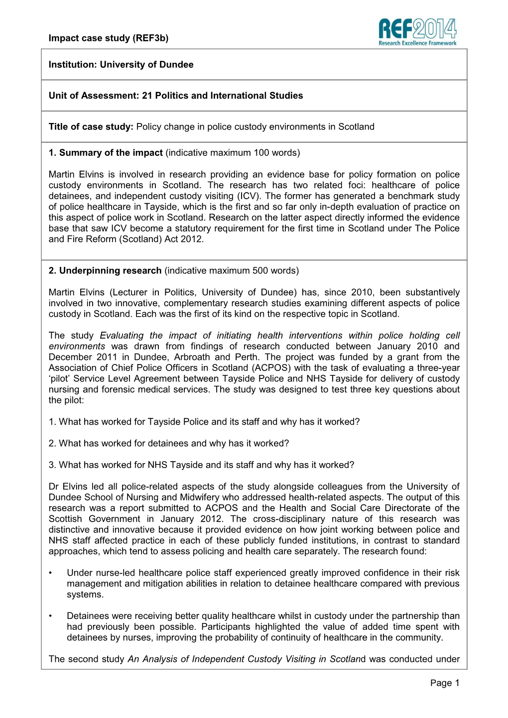 (Ref3b) Page 1 Institution: University of Dundee Unit of Assessment