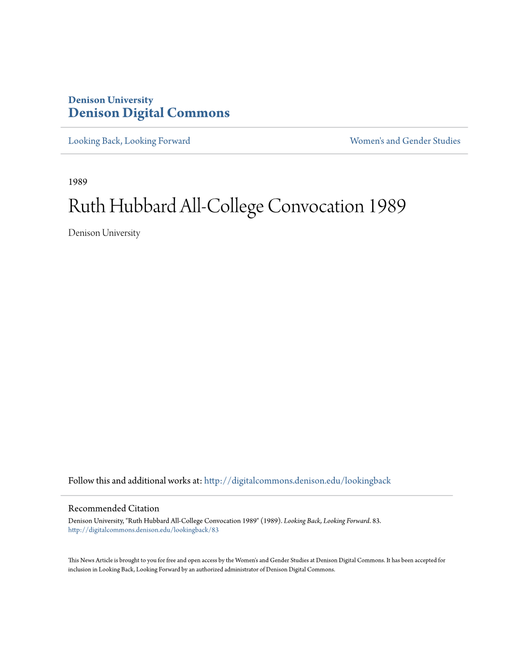 Ruth Hubbard All-College Convocation 1989 Denison University