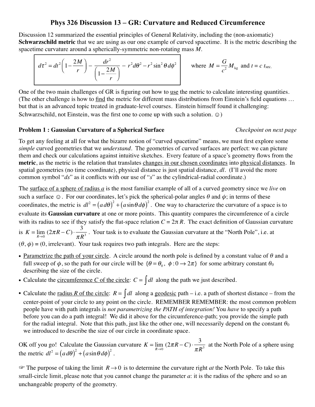 Phys 326 Discussion 13 – GR: Curvature and Reduced