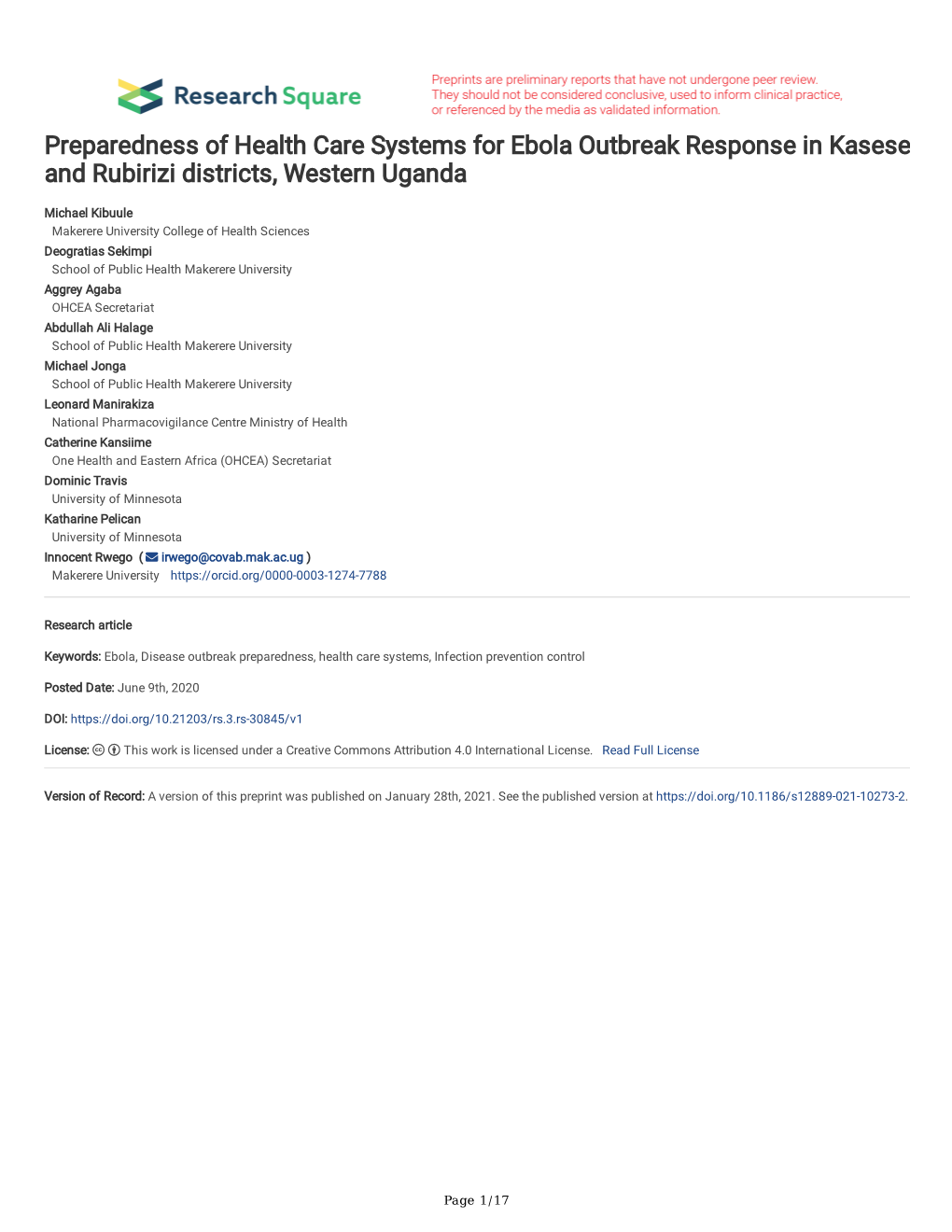 Preparedness of Health Care Systems for Ebola Outbreak Response in Kasese and Rubirizi Districts, Western Uganda