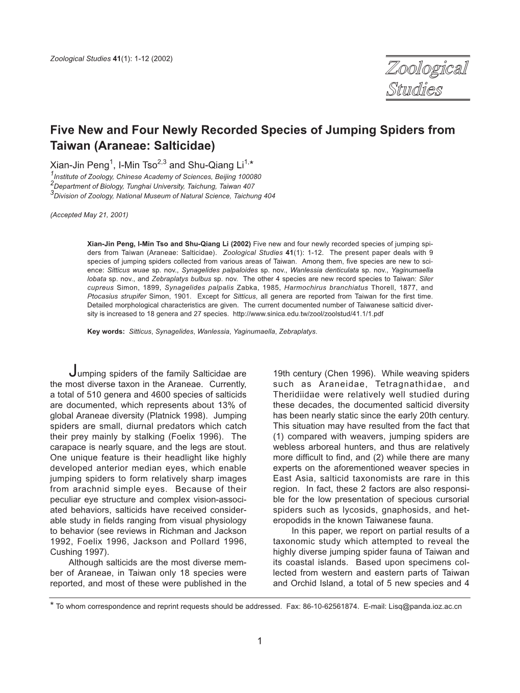 Five New and Four Newly Recorded Species of Jumping Spiders