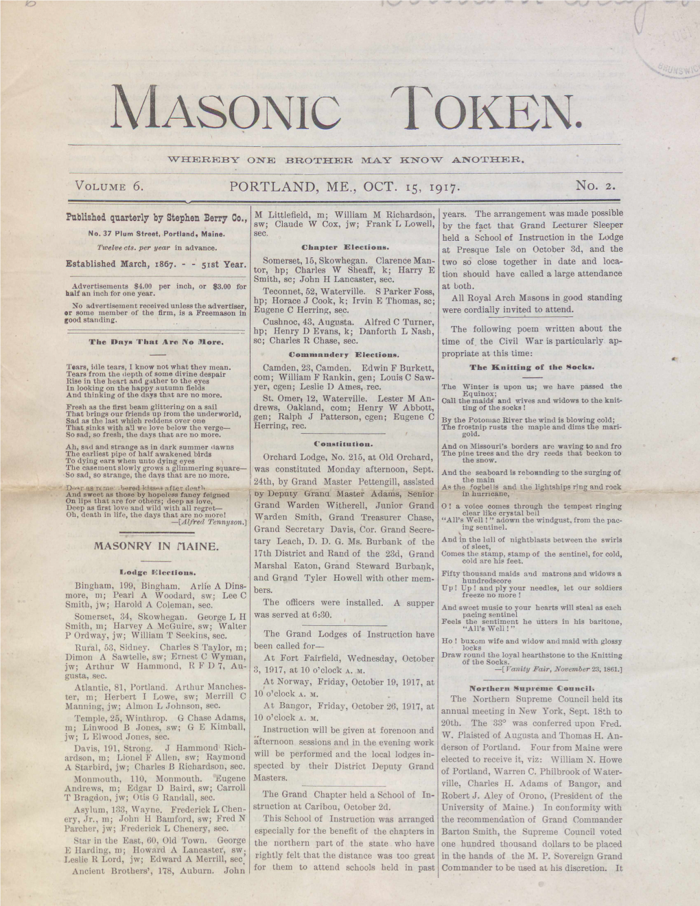 Masonic Token: October 15, 1917