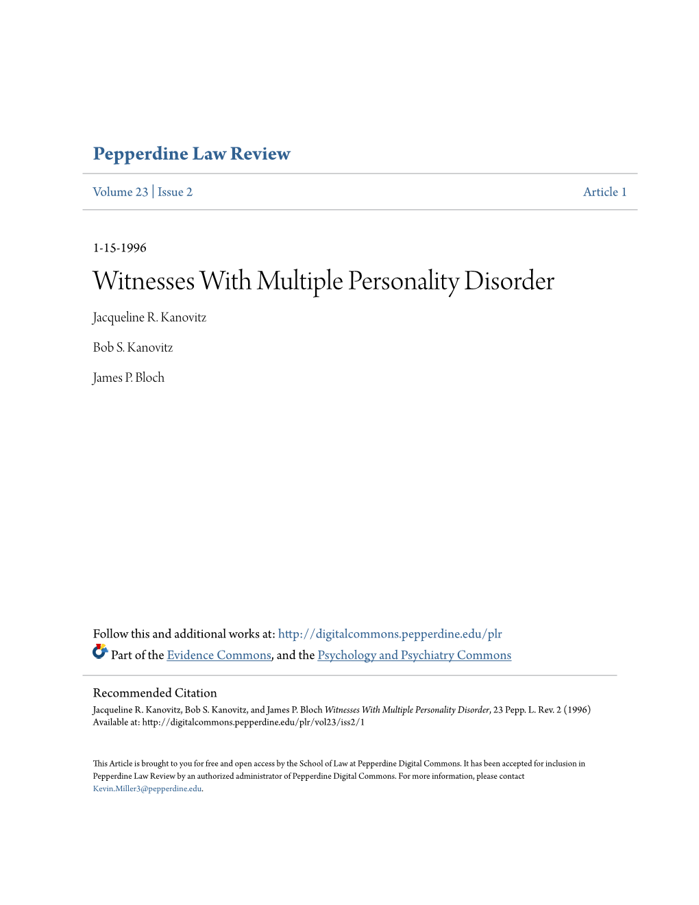Witnesses with Multiple Personality Disorder Jacqueline R