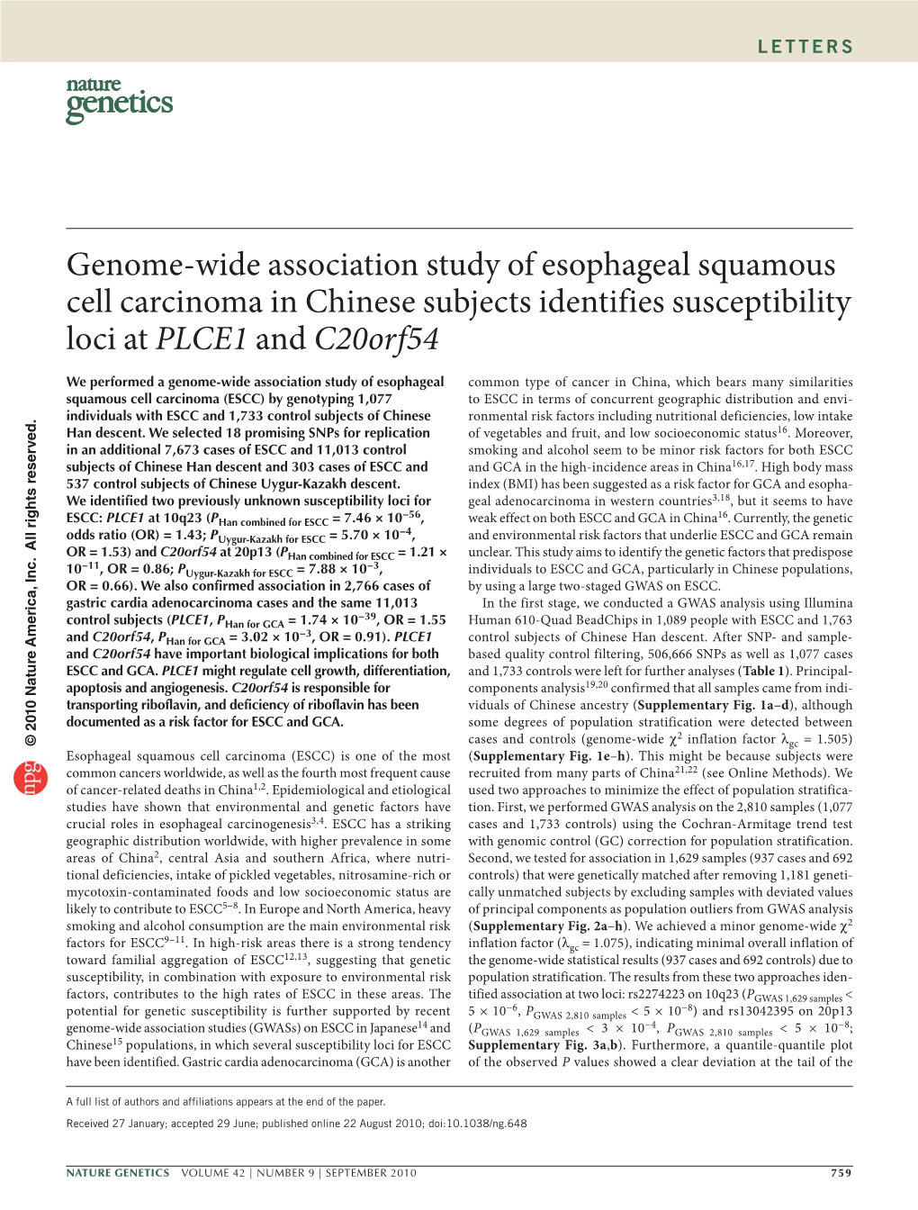 Genome-Wide Association Study of Esophageal Squamous Cell Carcinoma in Chinese Subjects Identifies Susceptibility Loci at PLCE1 and C20orf54