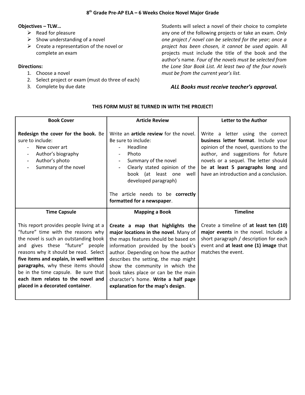 7Th Grade Pre-AP ELA 6 Weeks Book Project