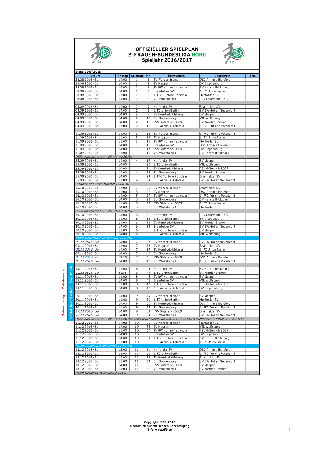 ~ N Offizieller Spielplan Zeitgenau 2. FBL NORD 16-17