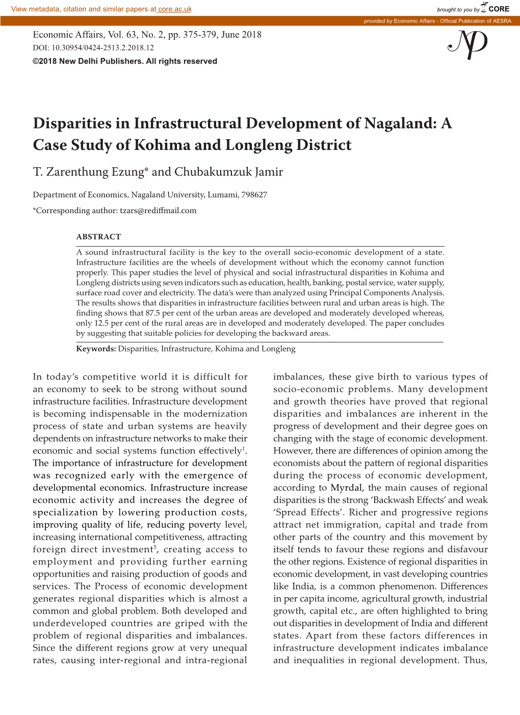 Disparities in Infrastructural Development of Nagaland: a Case Study of Kohima and Longleng District T