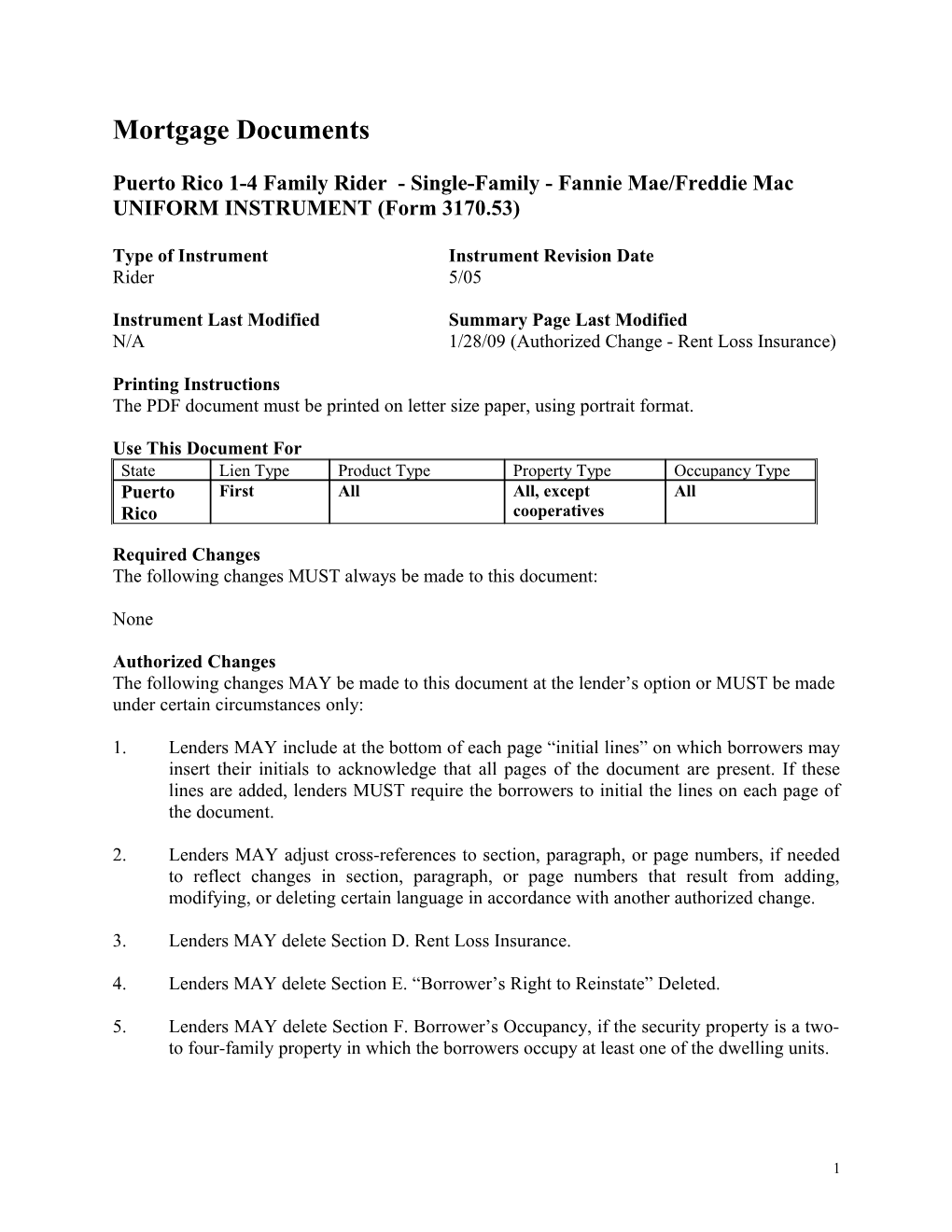 Summary for Puerto Rico One to Four Family Rider