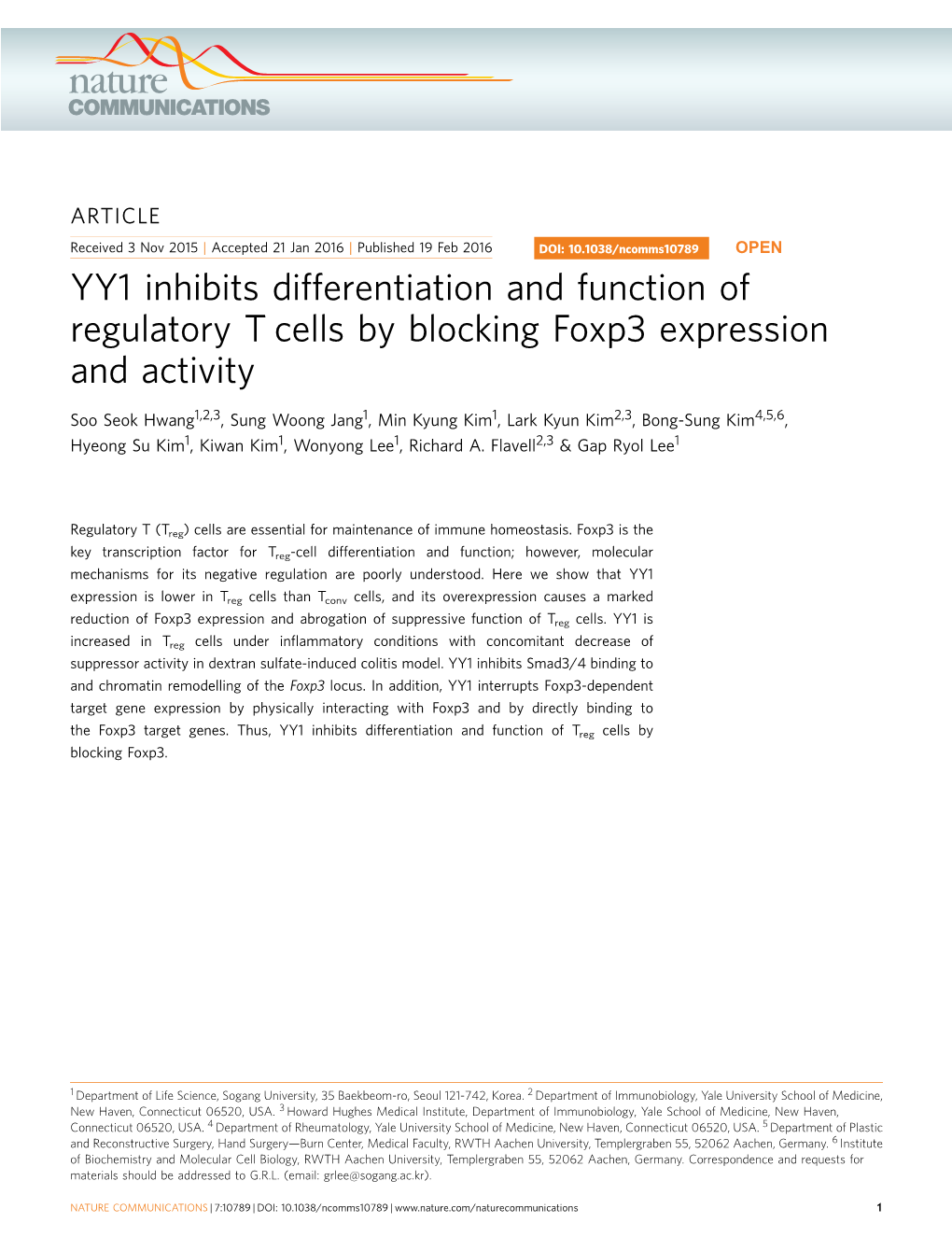 YY1 Inhibits Differentiation and Function of Regulatory T Cells by Blocking Foxp3 Expression and Activity