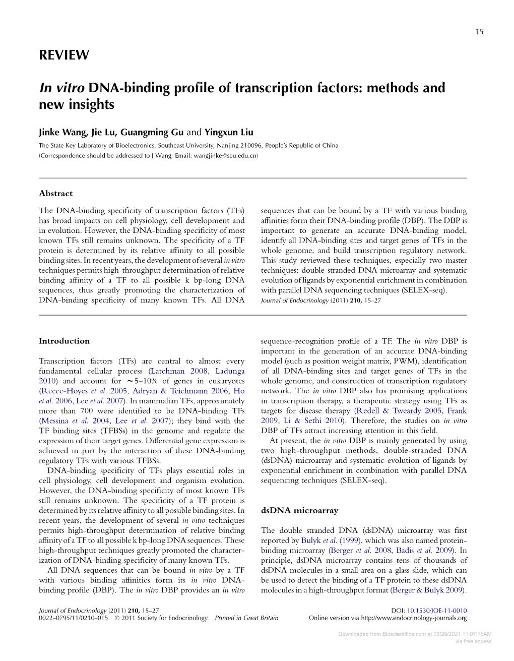 REVIEW in Vitro DNA-Binding Profile of Transcription Factors