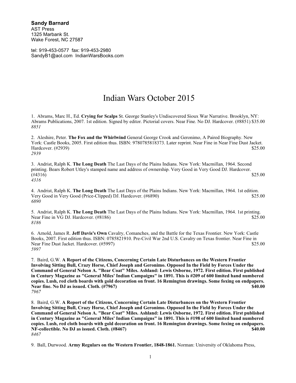 Indian Wars October 2015