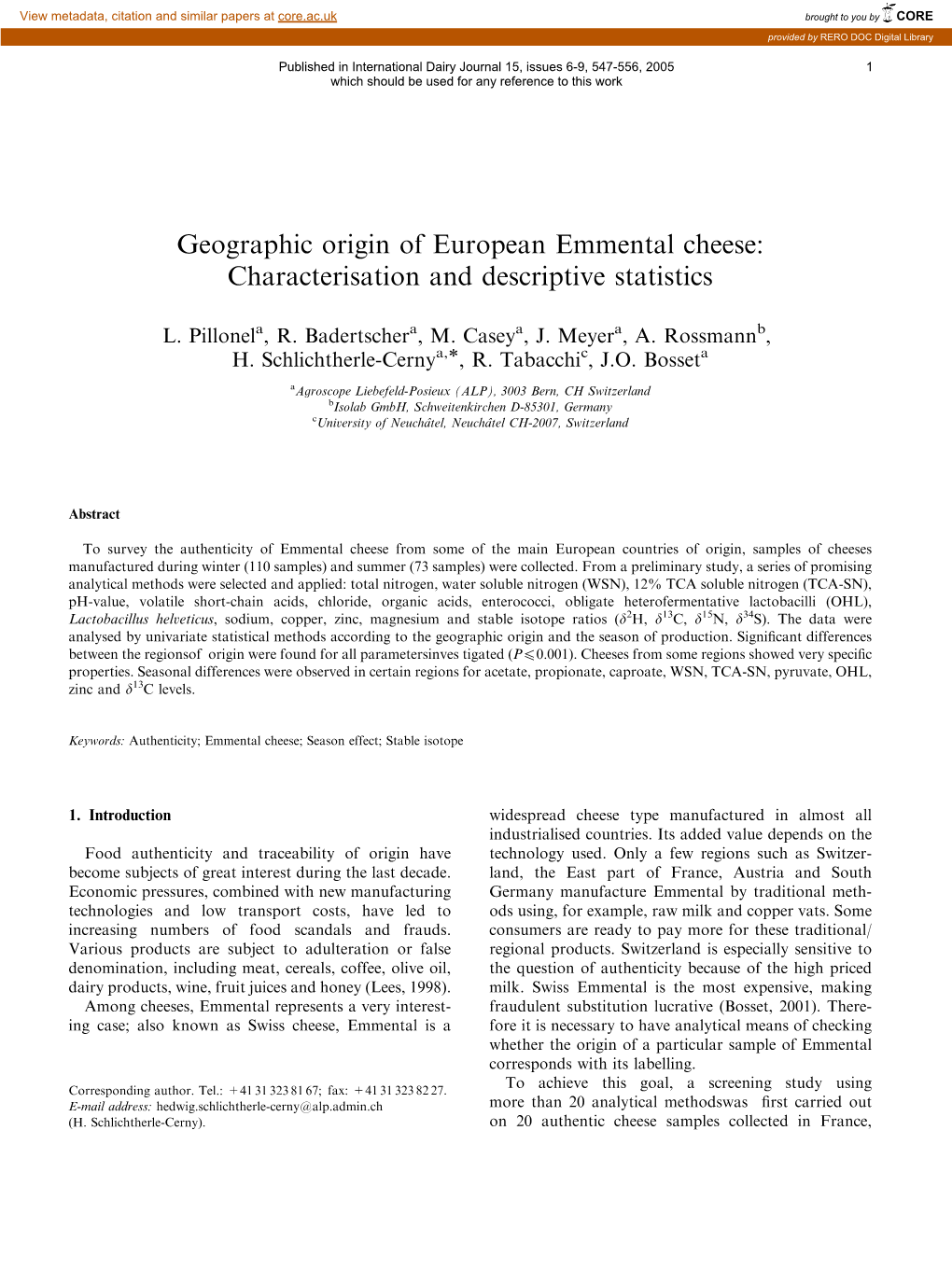 Geographic Origin of European Emmental Cheese: Characterisation and Descriptive Statistics