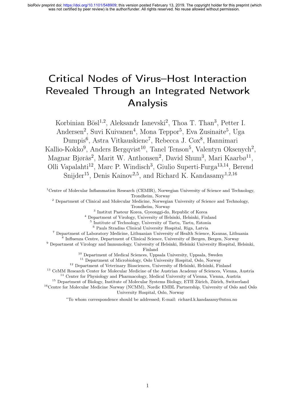 Critical Nodes of Virus–Host Interaction Revealed Through an Integrated Network Analysis