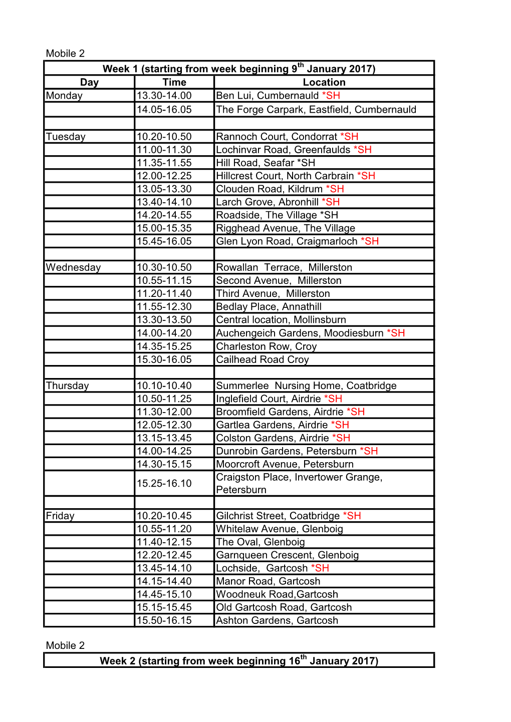 Mobile 2 Day Time Location Monday 13.30-14.00 Ben Lui, Cumbernauld