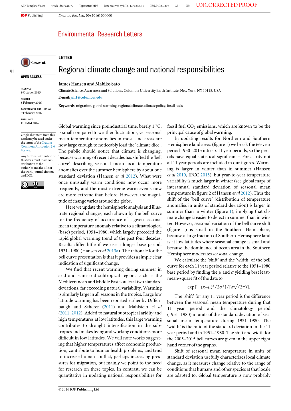 Regional Climate Change and National Responsibilities