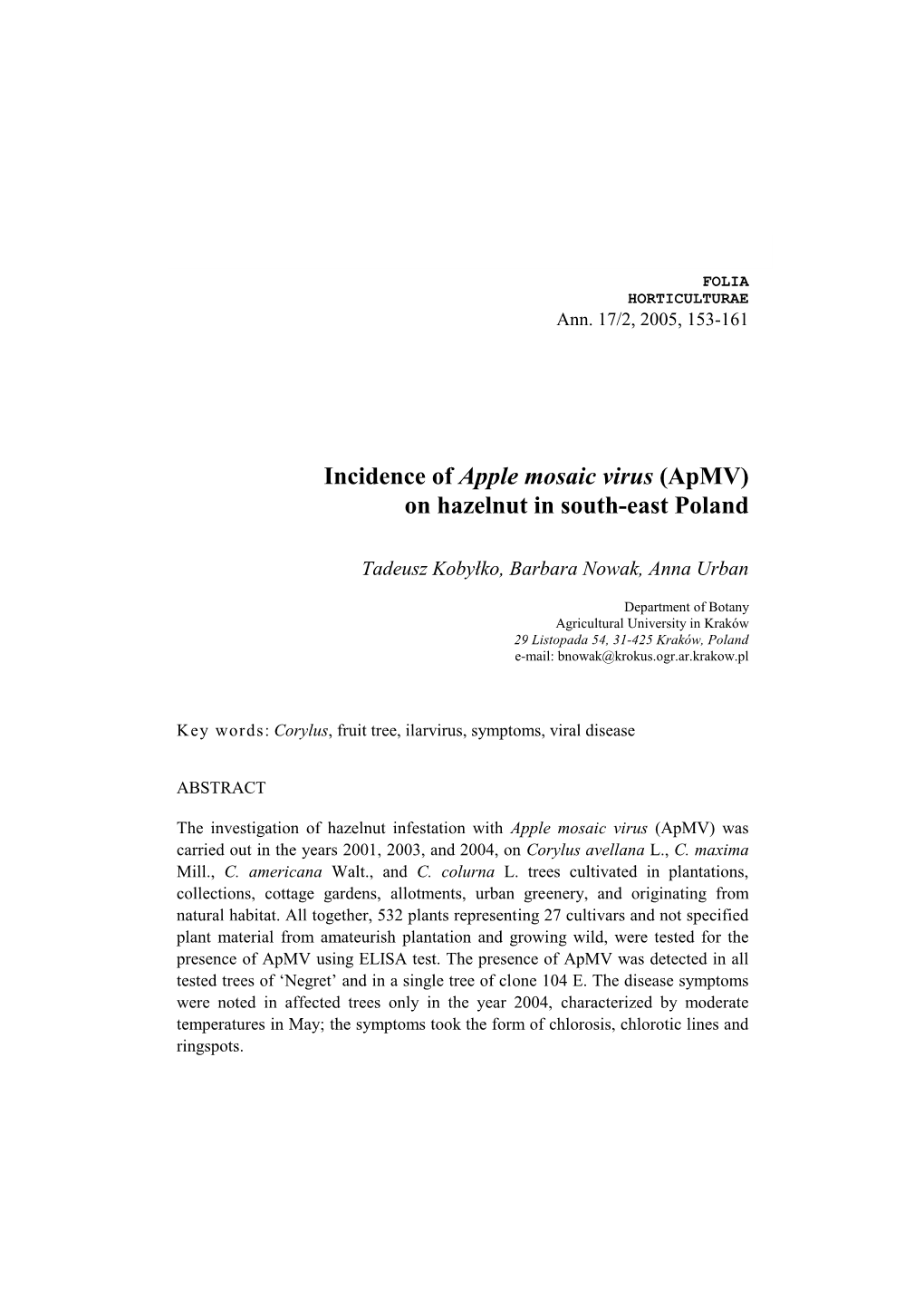 Incidence of Apple Mosaic Virus (Apmv) on Hazelnut in South-East Poland