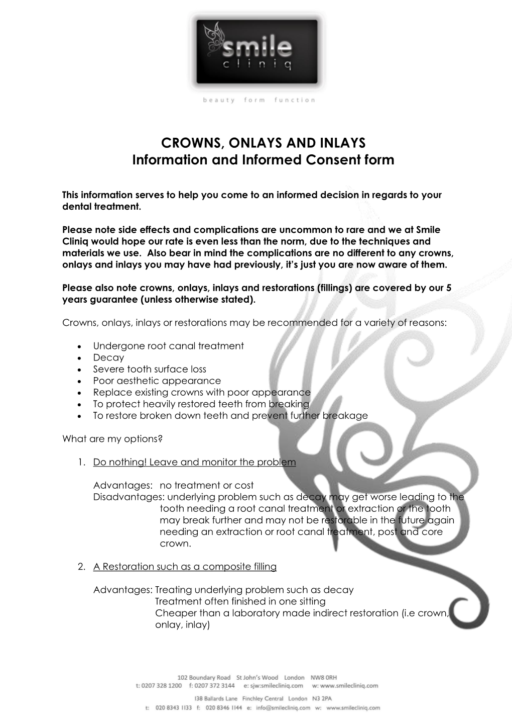 CROWNS, ONLAYS and INLAYS Information and Informed Consent Form