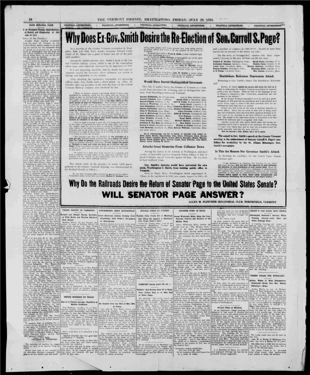 WILL SENATOR PAGE ANSWER ? and Wo Find by Tho Press Quotations That He Considered It Necessary to Be Fletcfrer in Washington During Tho Considera- ALLEN M