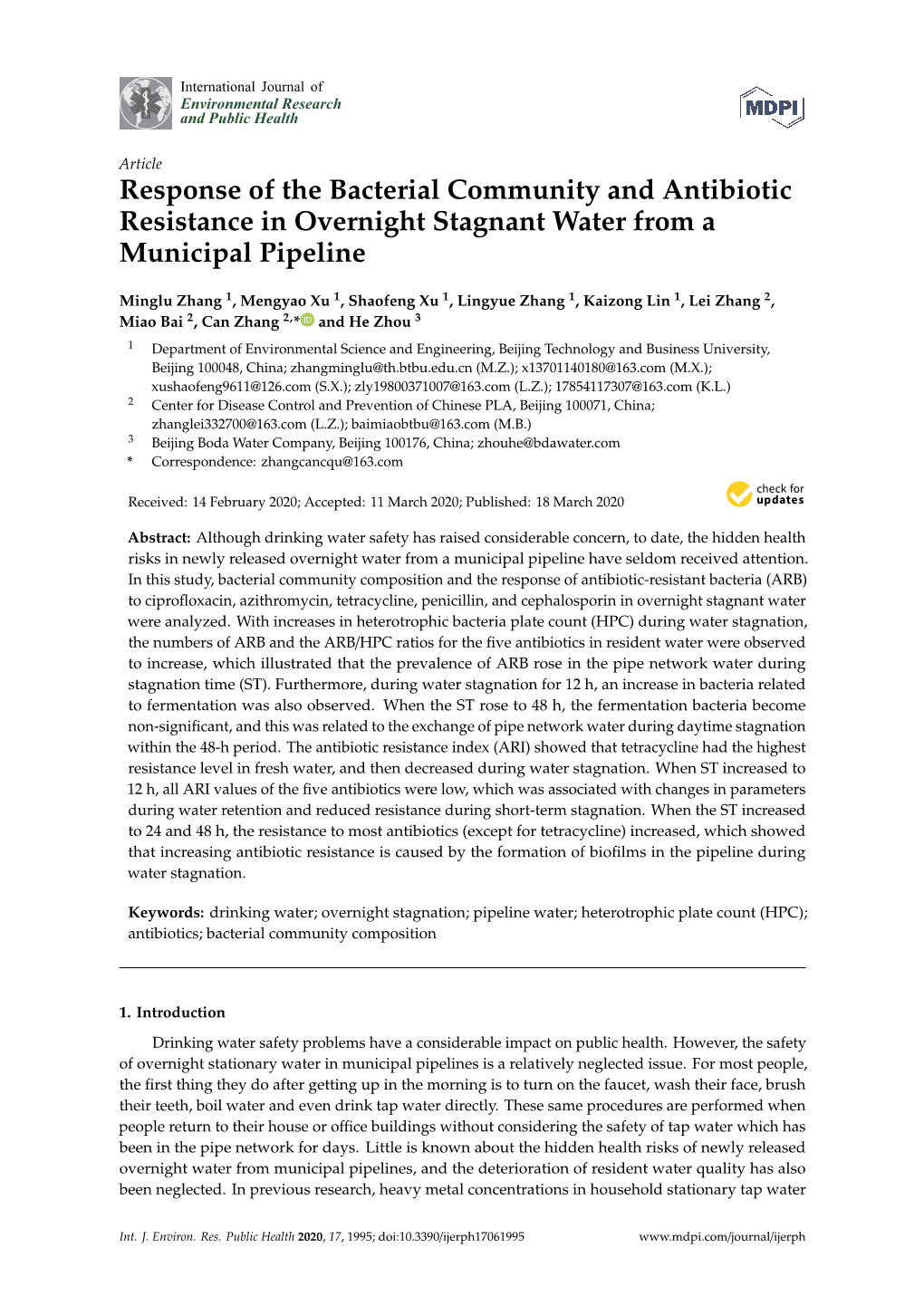 Response of the Bacterial Community and Antibiotic Resistance in Overnight Stagnant Water from a Municipal Pipeline
