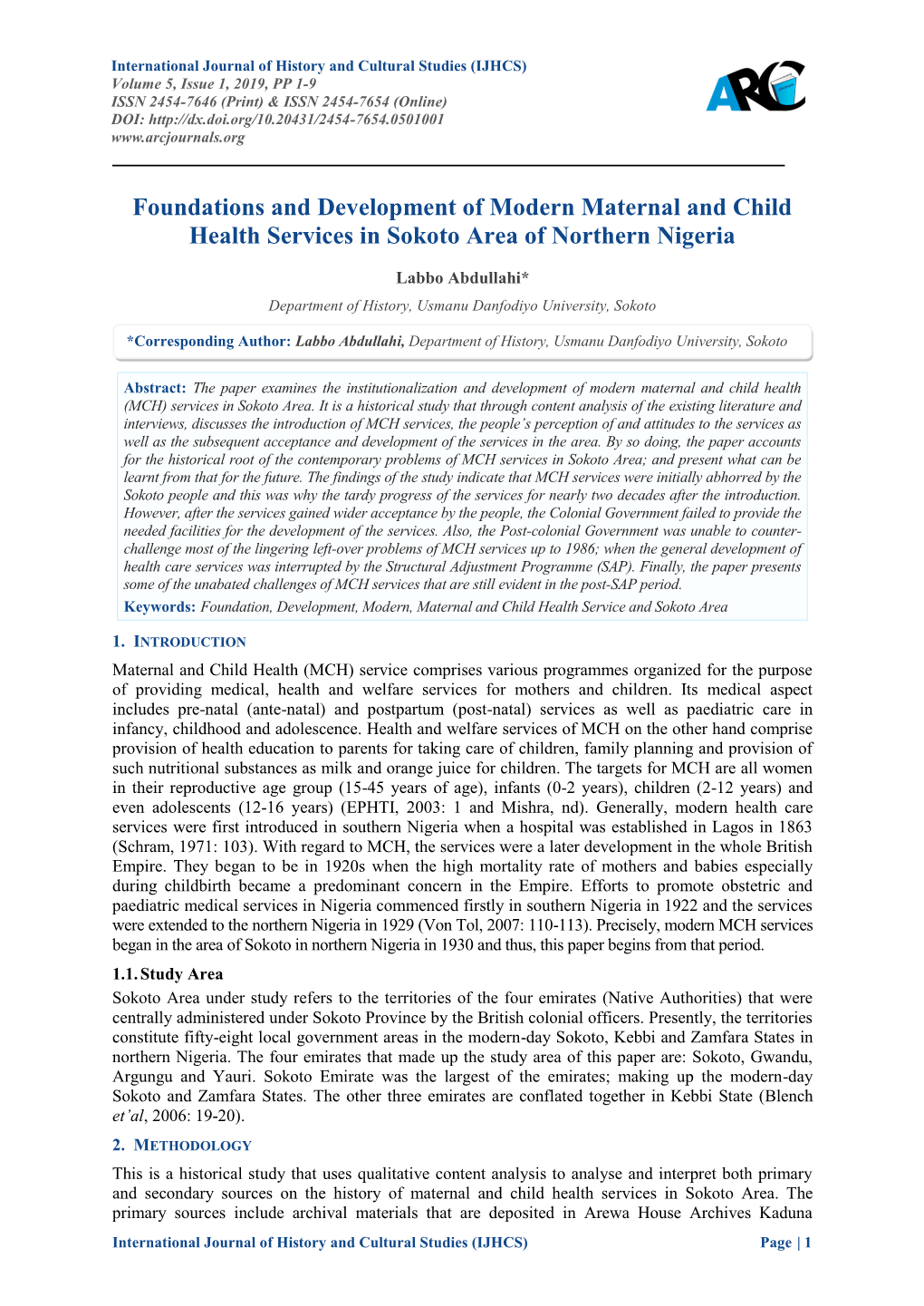 Foundations and Development of Modern Maternal and Child Health Services in Sokoto Area of Northern Nigeria