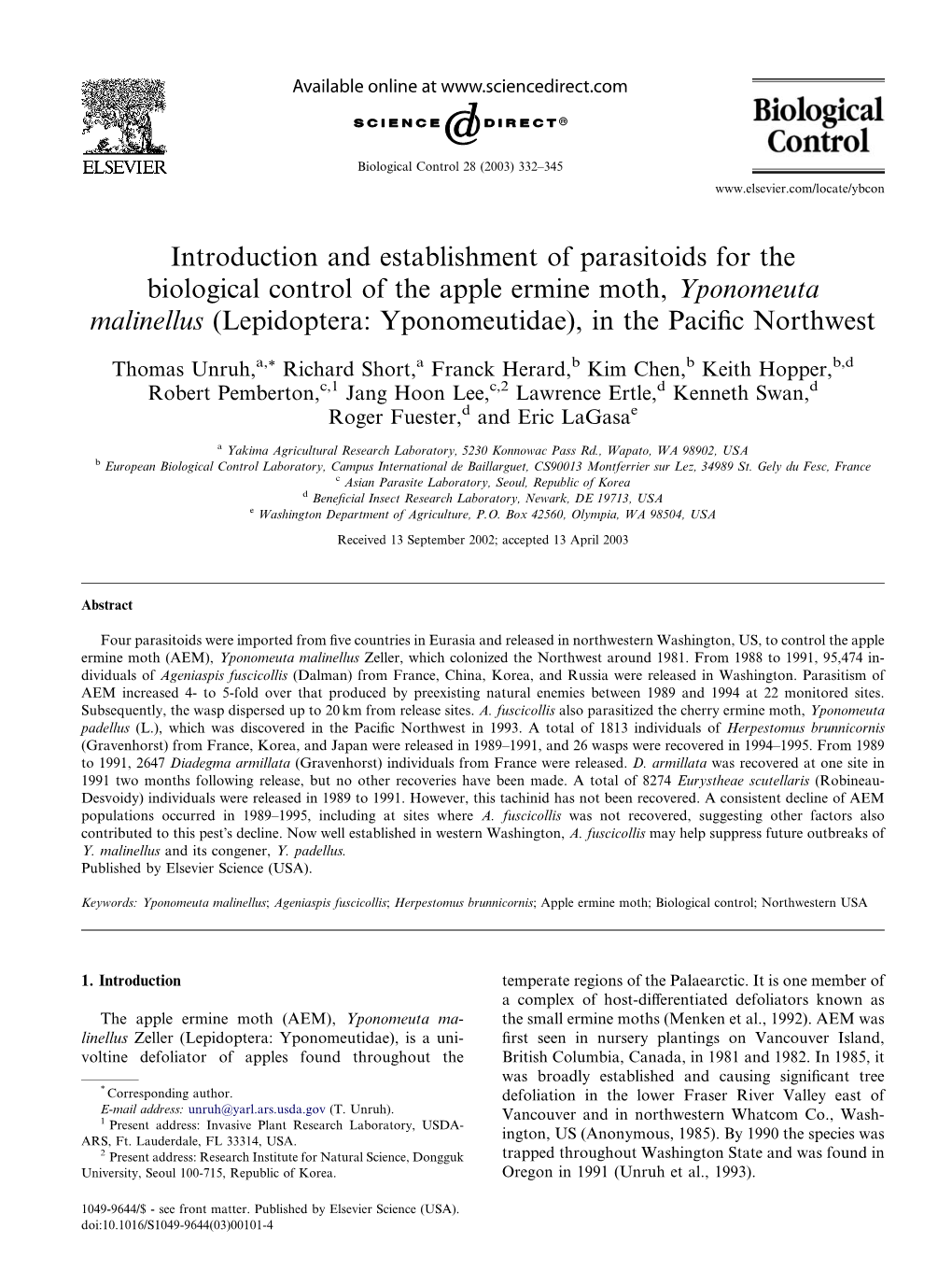 Introduction and Establishment of Parasitoids for The
