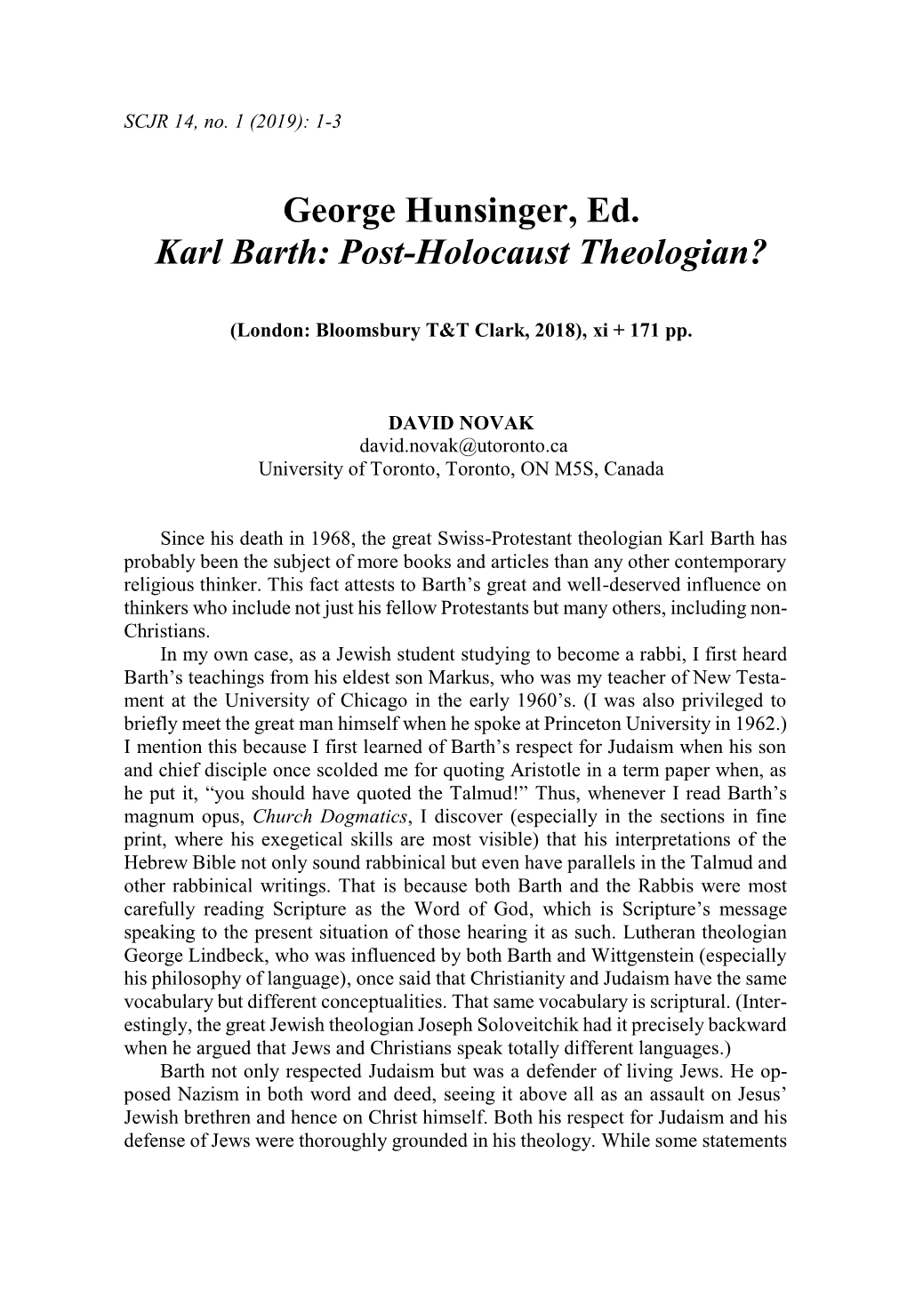 George Hunsinger, Ed. Karl Barth: Post-Holocaust Theologian?