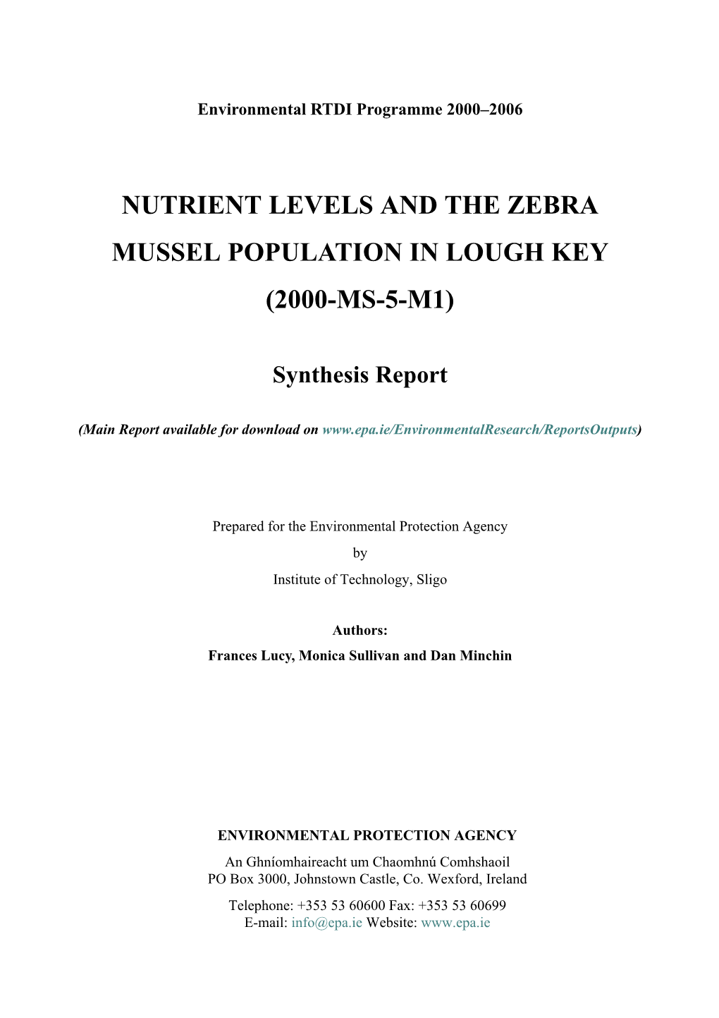 Nutrient Levels and the Zebra Mussel Population in Lough Key (2000-Ms-5-M1)