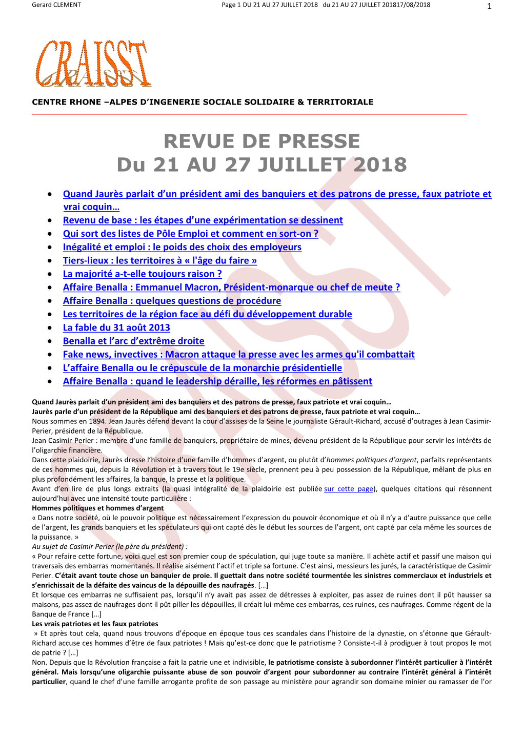 REVUE DE PRESSE Du 21 AU 27 JUILLET 2018