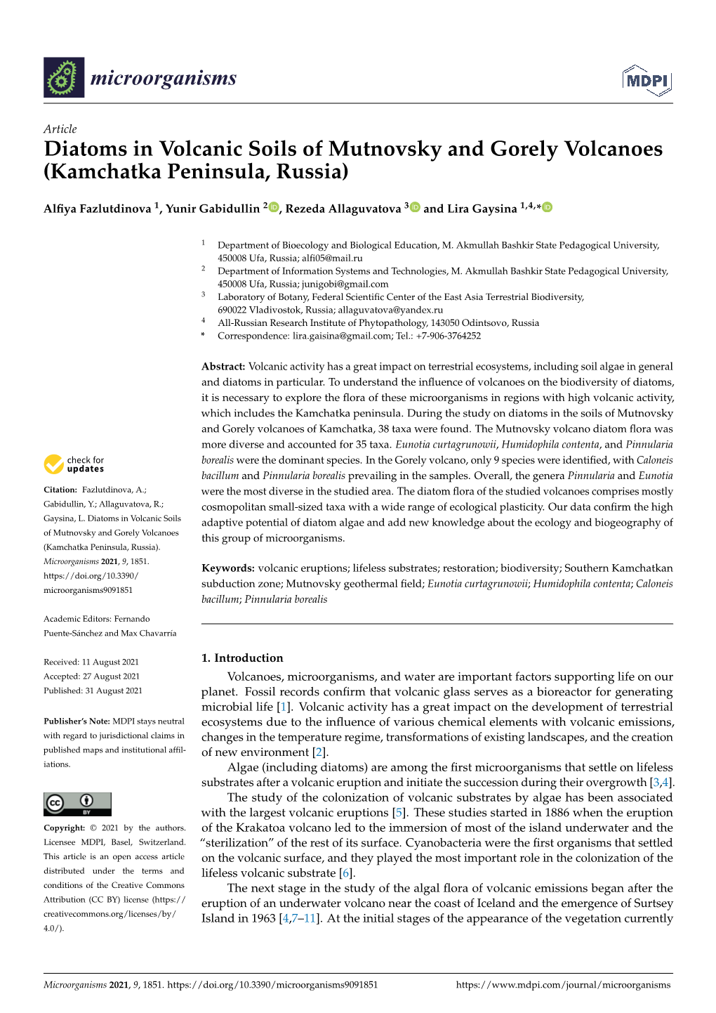 Diatoms in Volcanic Soils of Mutnovsky and Gorely Volcanoes (Kamchatka Peninsula, Russia)