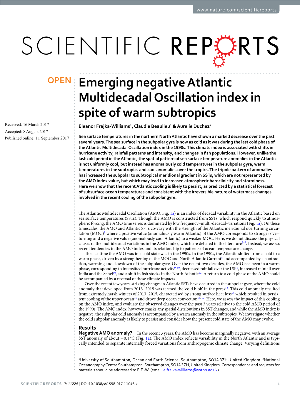 Emerging Negative Atlantic Multidecadal Oscillation Index In