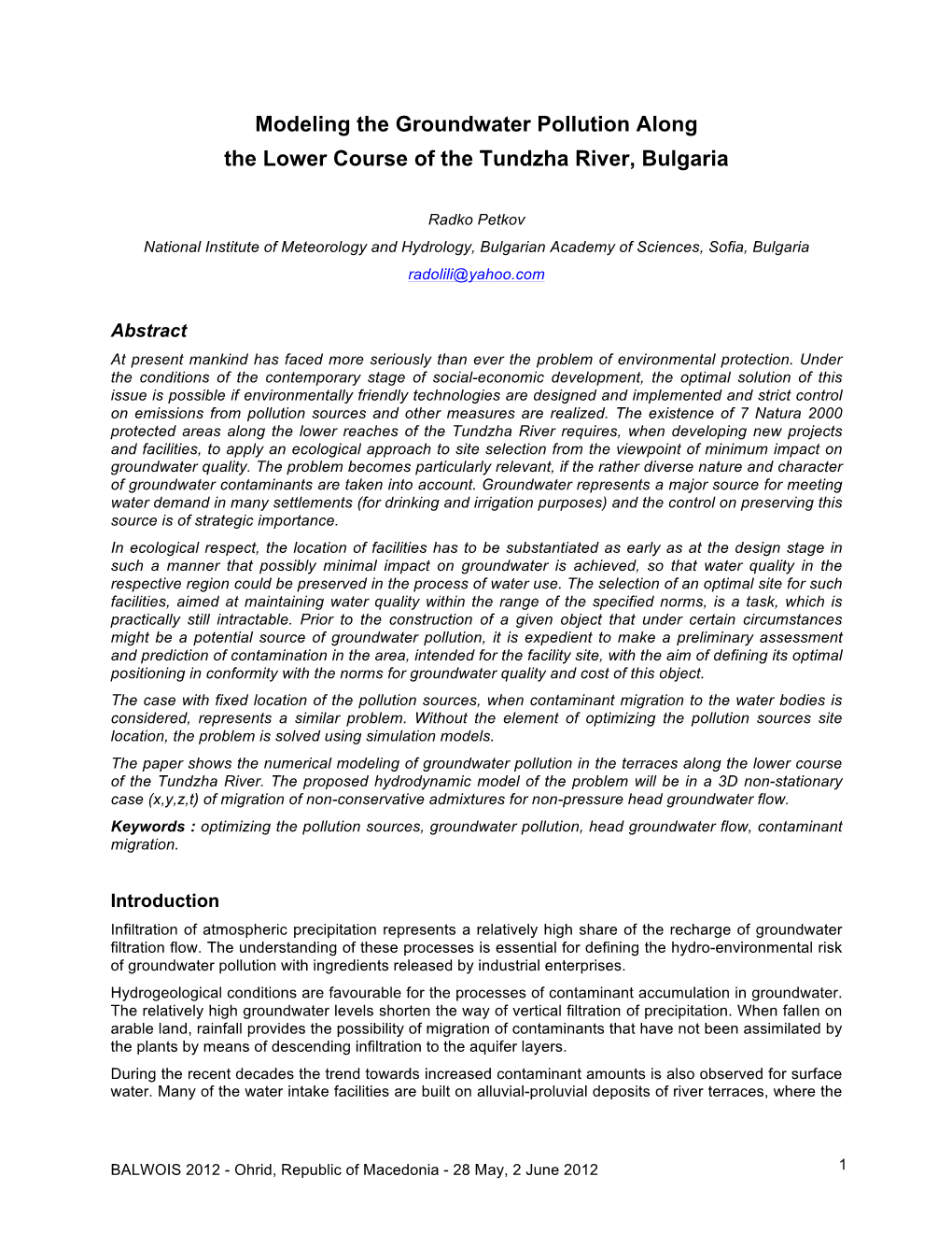 Modeling the Groundwater Pollution Along the Lower Course of the Tundzha River, Bulgaria