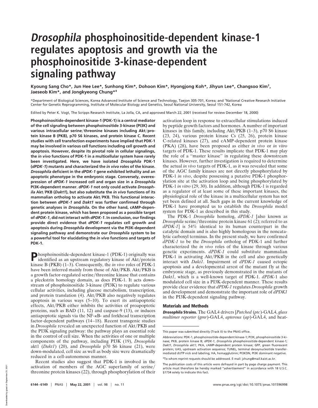 Drosophila Phosphoinositide-Dependent Kinase-1 Regulates Apoptosis and Growth Via the Phosphoinositide 3-Kinase-Dependent Signaling Pathway