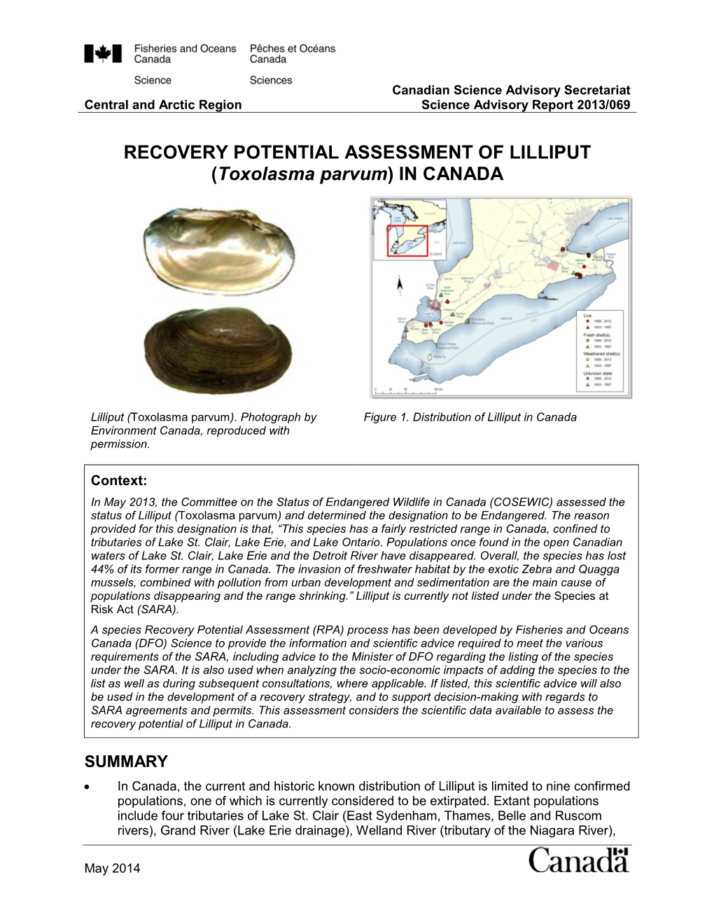 RECOVERY POTENTIAL ASSESSMENT of LILLIPUT (Toxolasma Parvum) in CANADA