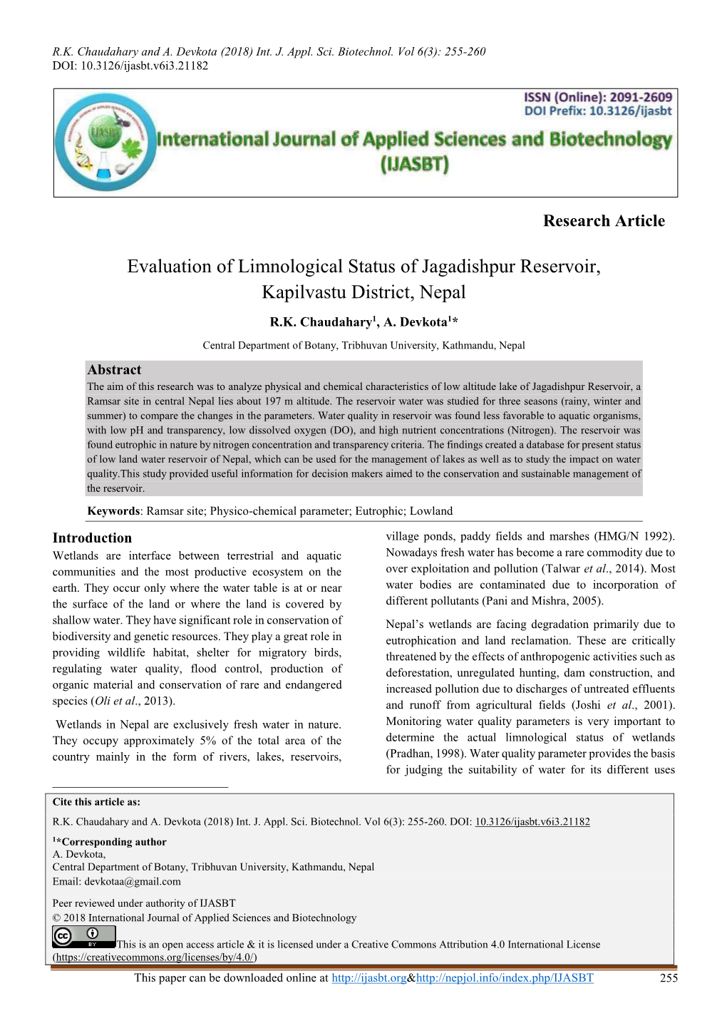 Evaluation of Limnological Status of Jagadishpur Reservoir, Kapilvastu District, Nepal R.K