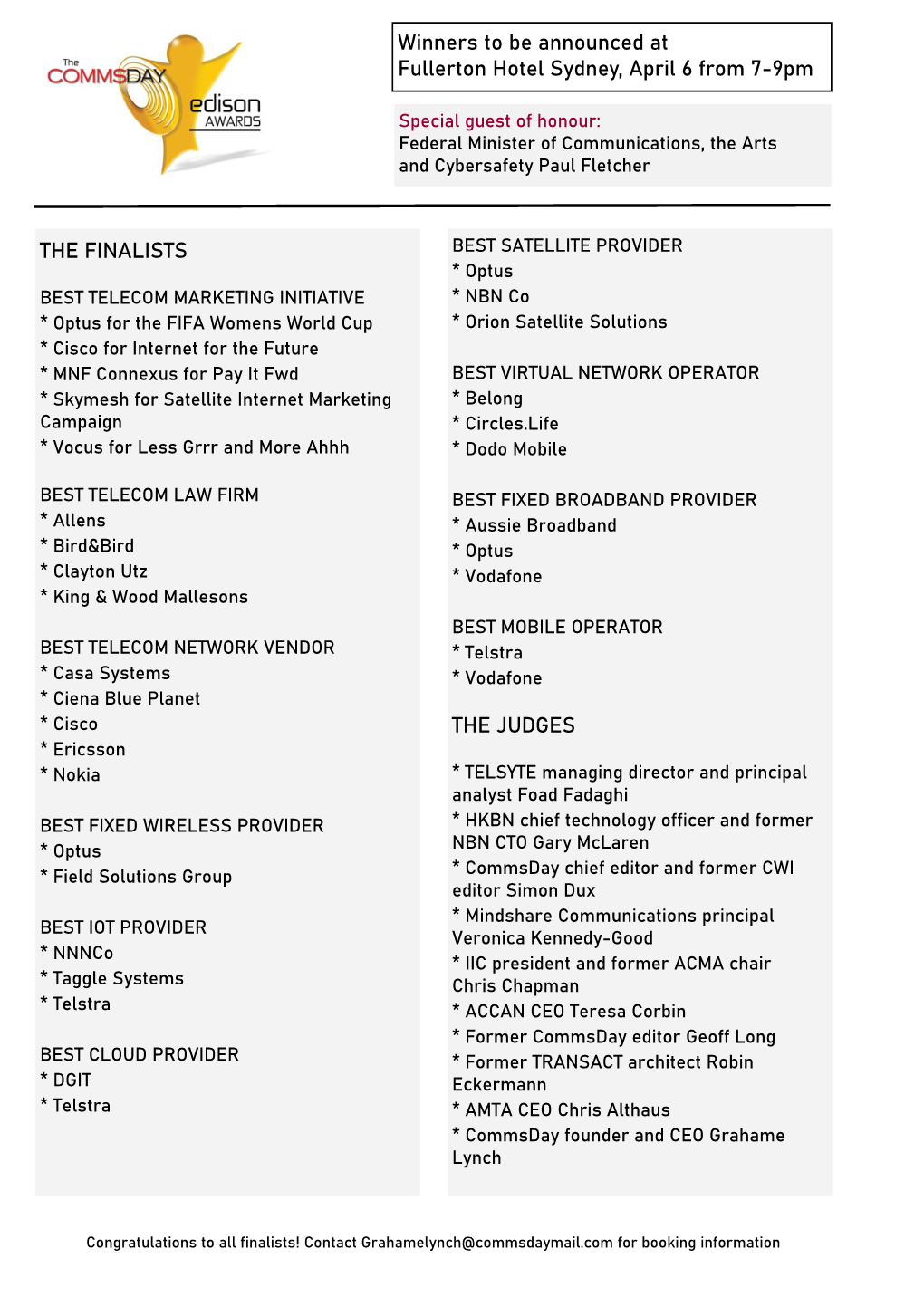 THE FINALISTS the JUDGES Winners to Be Announced at Fullerton Hotel Sydney, April 6 from 7-9Pm