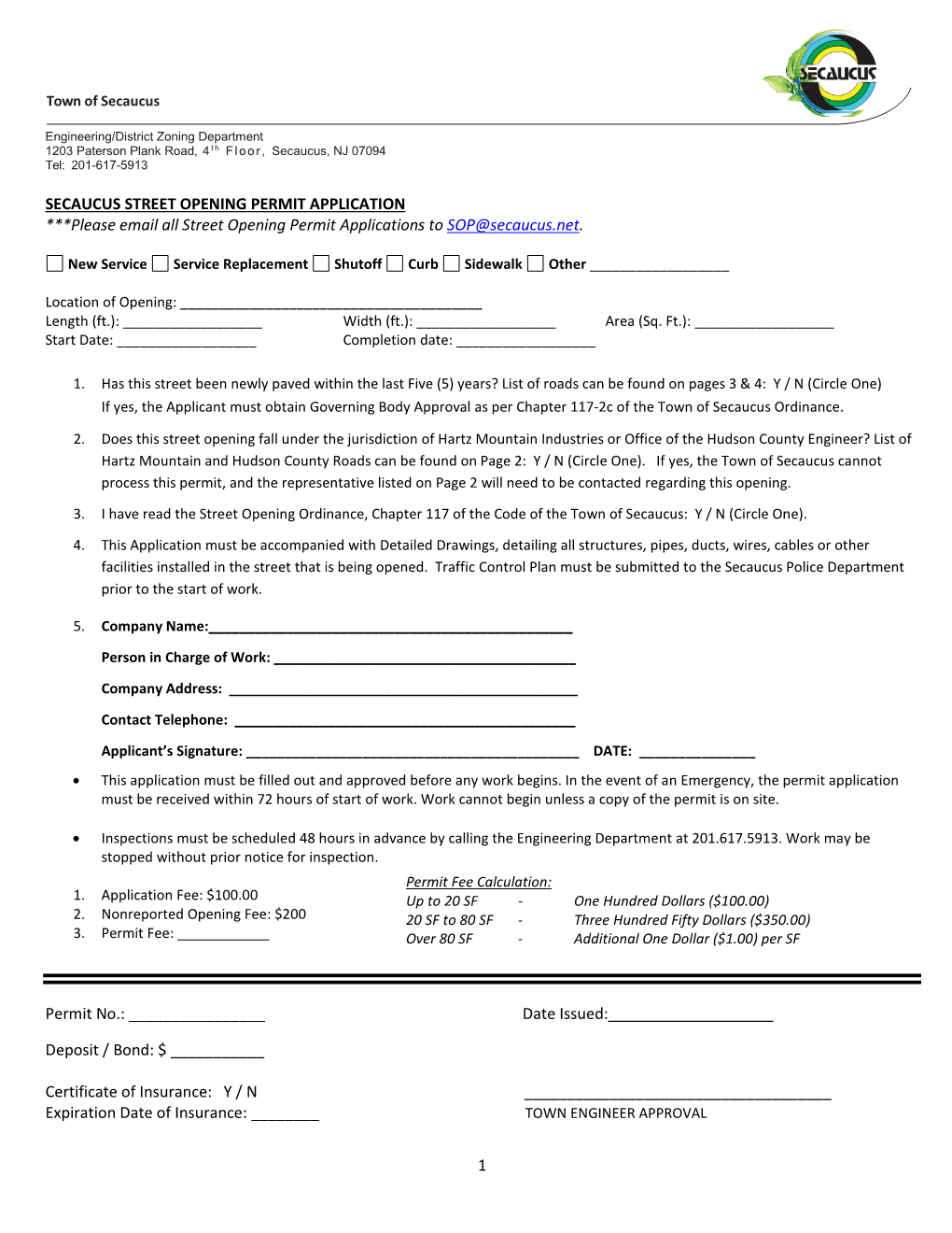 Street Opening Permit Template