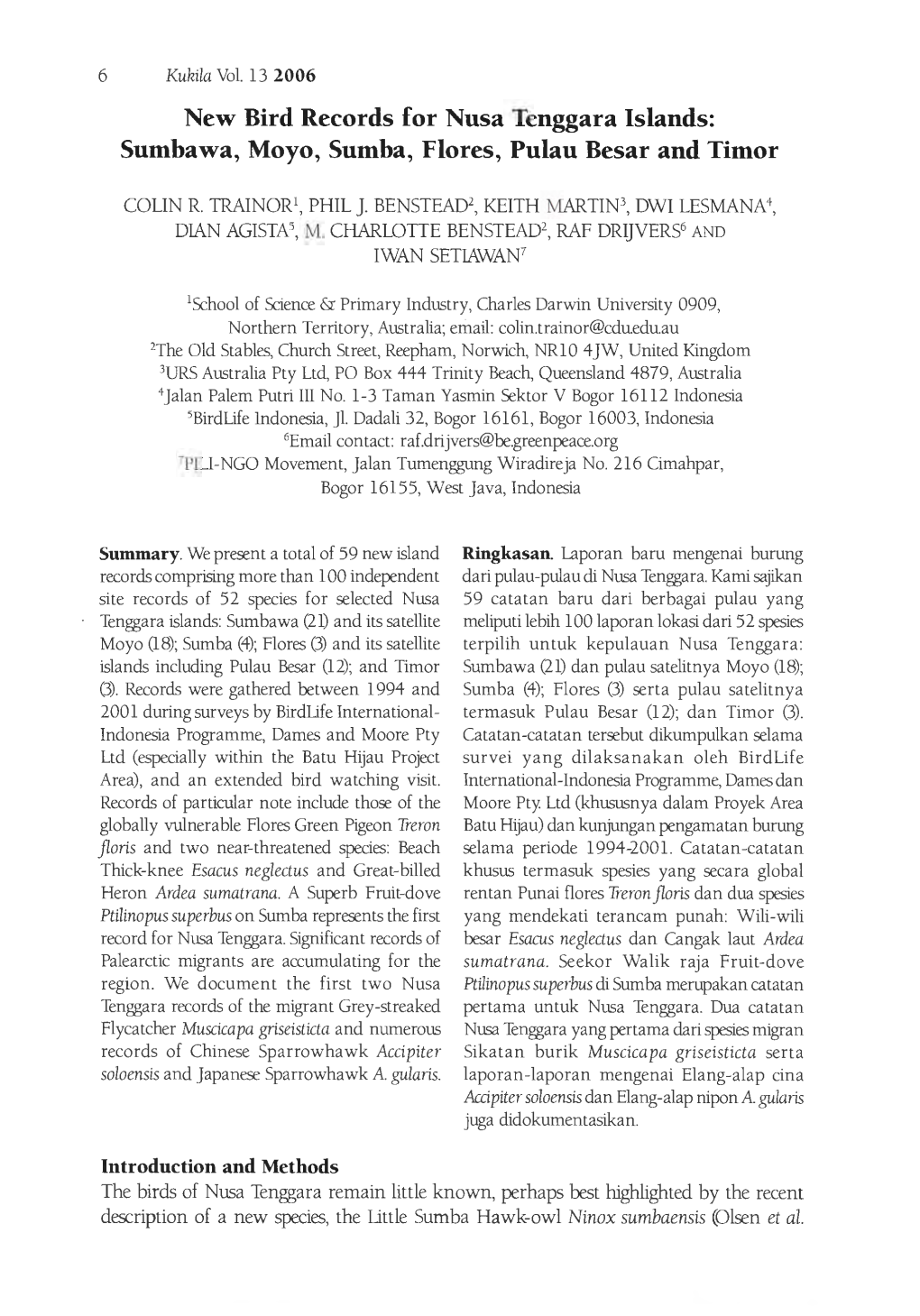 New Bird Records for Nusa Tenggara Islands: Sumbawa, Moyo, Sumba, Flores, Pulau Besar and Timor Orr.::..:: E JL --=---= E1 :Le"