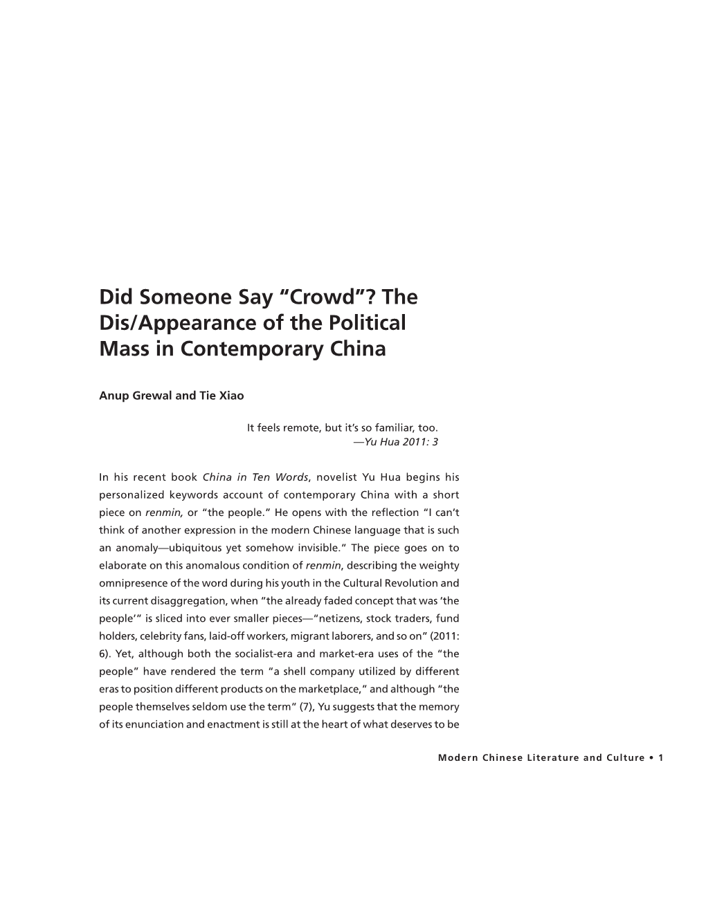 “Crowd”? the Dis/Appearance of the Political Mass in Contemporary China