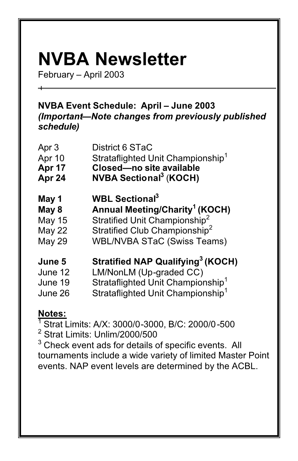 NVBA Newsletter February – April 2003