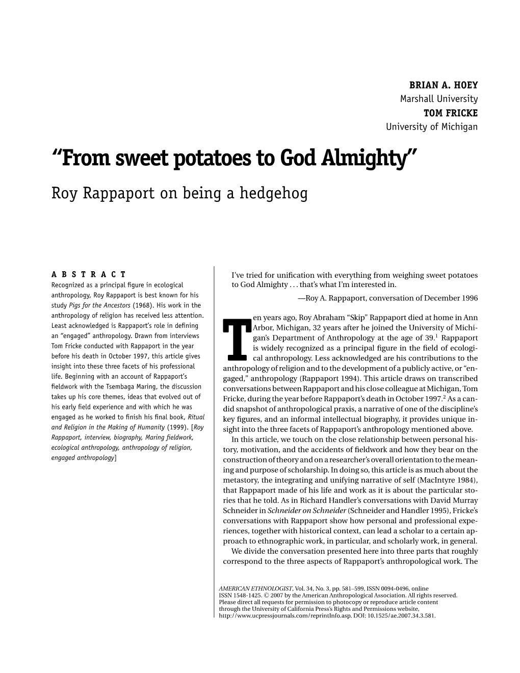 “From Sweet Potatoes to God Almighty”: Roy Rappaport on Being