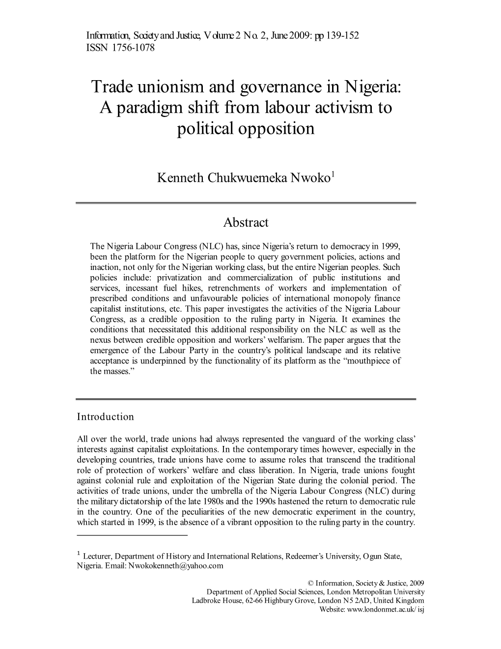 Trade Unionism and Governance in Nigeria: a Paradigm Shift from Labour Activism to Political Opposition